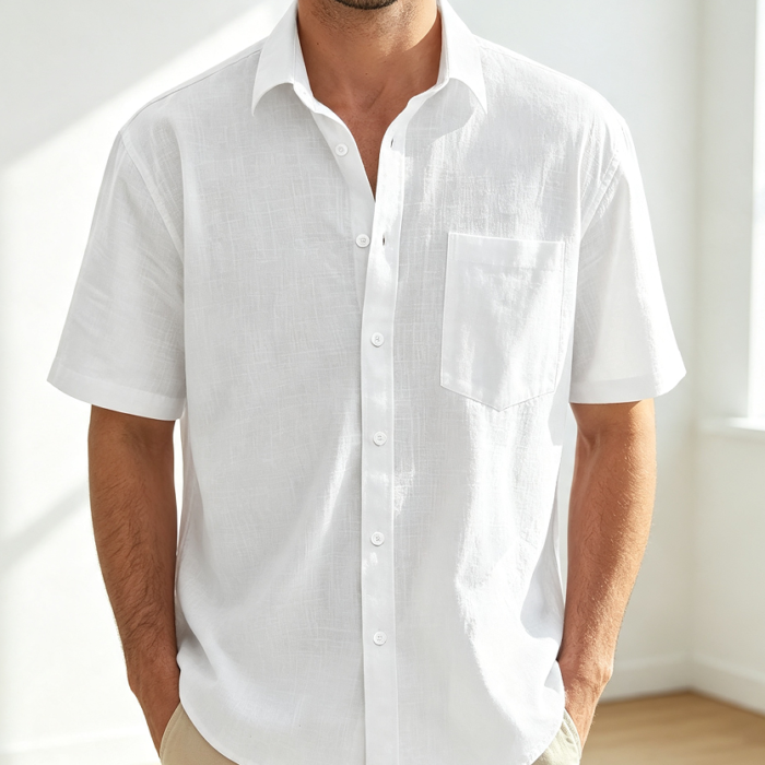 Cotton Linen Short Sleeve Lightweight Button Down Shirt with Pocket