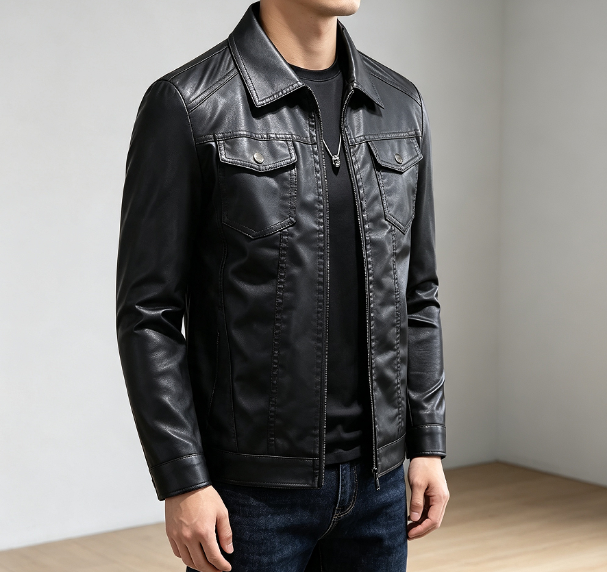 Black Faux Leather Lightweight Biker Jacket - Image 2