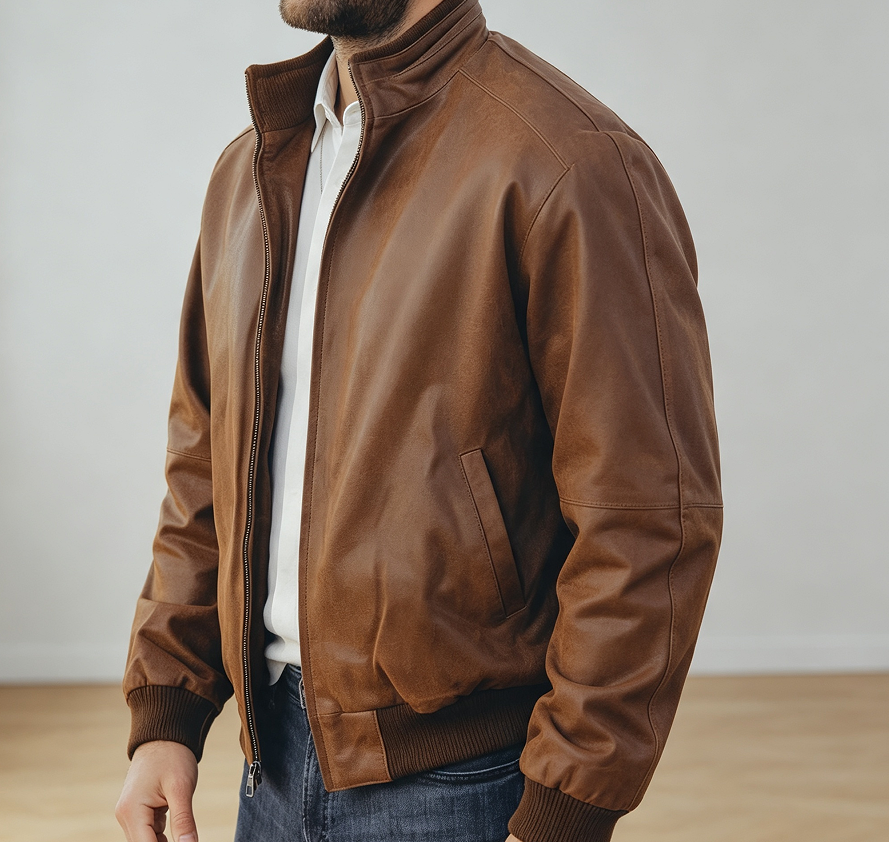 Real Leather Casual Bomber Jacket - Image 2