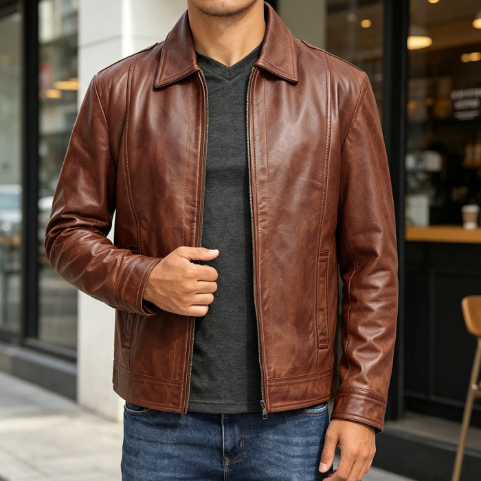 Brown and Black Real Lambskin Leather Jacket