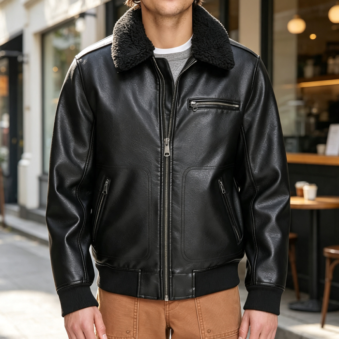 Faux Leather Aviator Bomber with Sherpa Collar