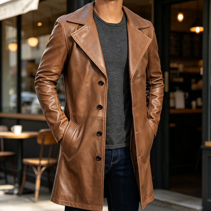 Black and Brown Real Leather Car Coat