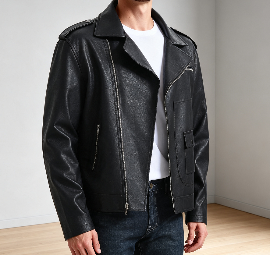Faux Leather Asymmetric Slim Fit Biker Jacket - Image 2