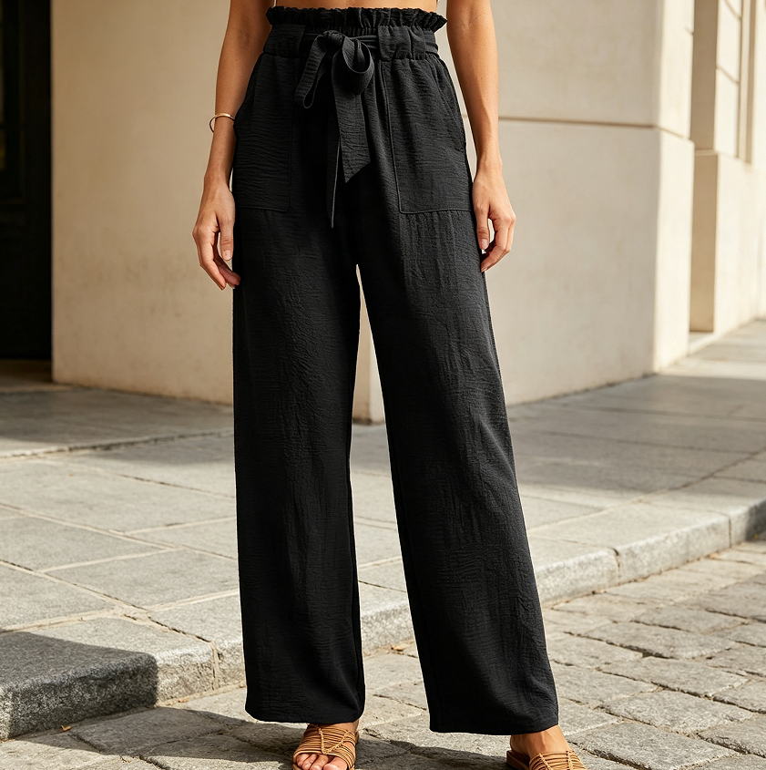 Knot-Detail High-Waisted Work Trousers with Wide Leg