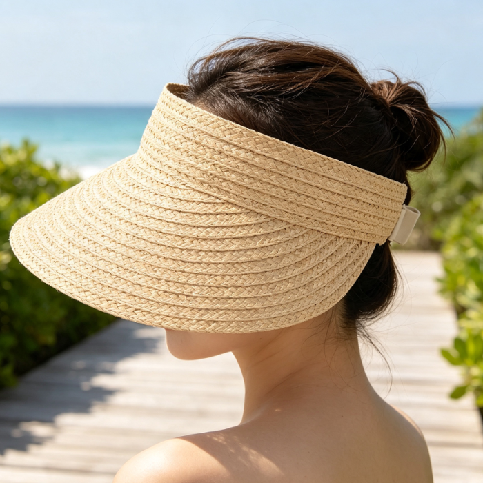 Foldable Straw Visor with Ponytail Opening
