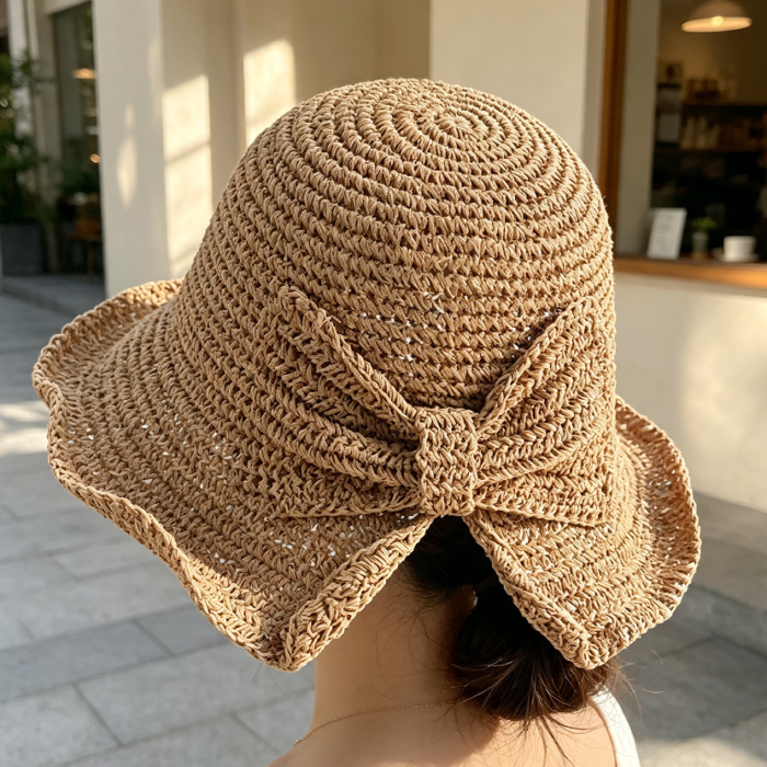 Foldable Floppy Straw Bucket Hat with Bow