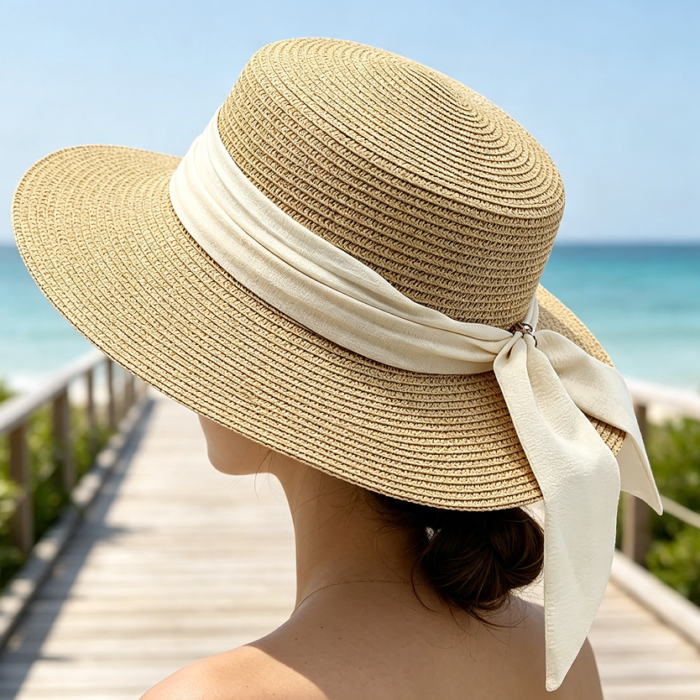 Wide Brim Boater Hat with Bow Ribbon