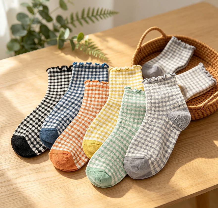 Striped Checkered Frilly Socks 6 Pairs