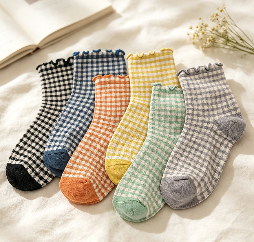 Striped Checkered Frilly Socks 6 Pairs - Image 2