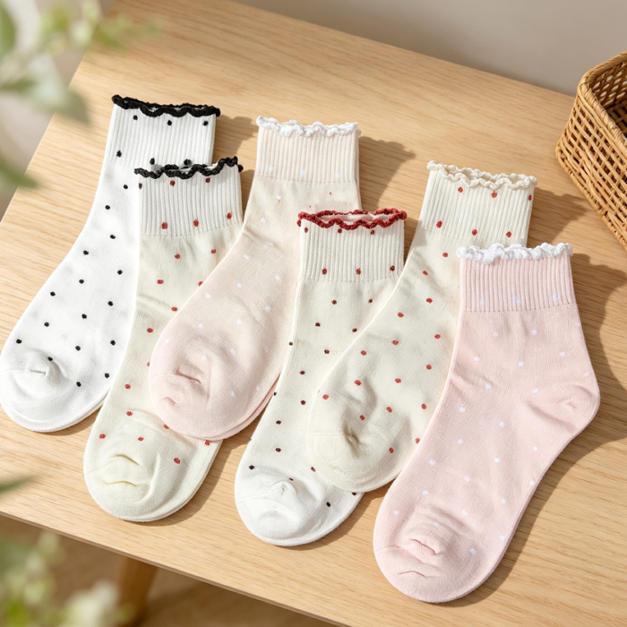 Polka Dot Ruffle Ankle Socks 6 Pairs