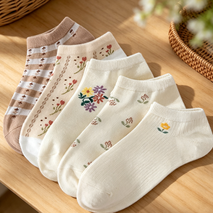 Floral Print Striped Cute Ankle Socks 5 Pairs
