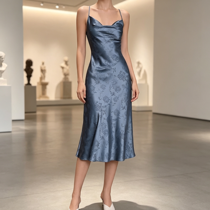 Women's Spaghetti Strap Cowl Neck Long Slip Satin Dress