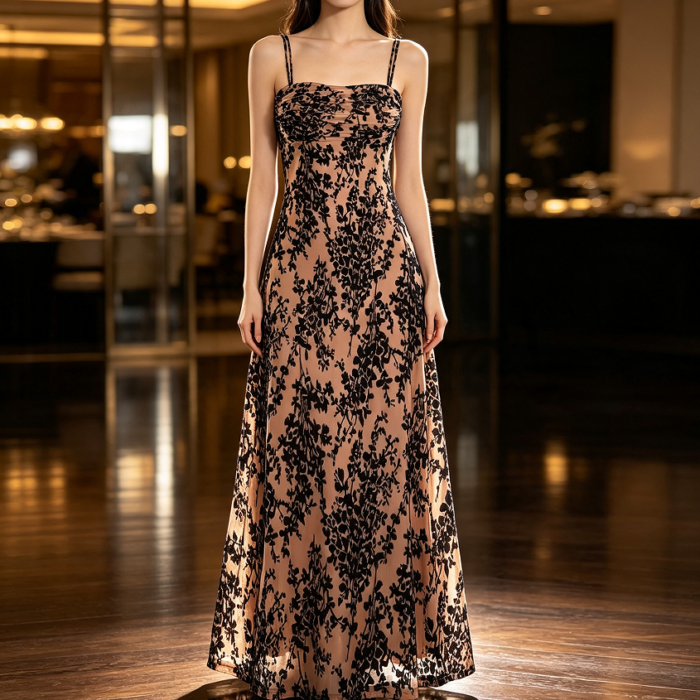 Women's Sleeveless Spaghetti Strap Cowl Neck Floral Midi Dress