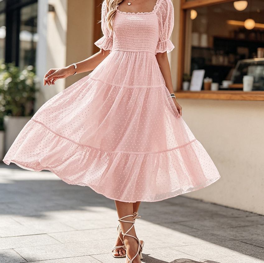 Women's Square Neck Puff Sleeve Swiss Dot Boho Midi Dress - Image 2