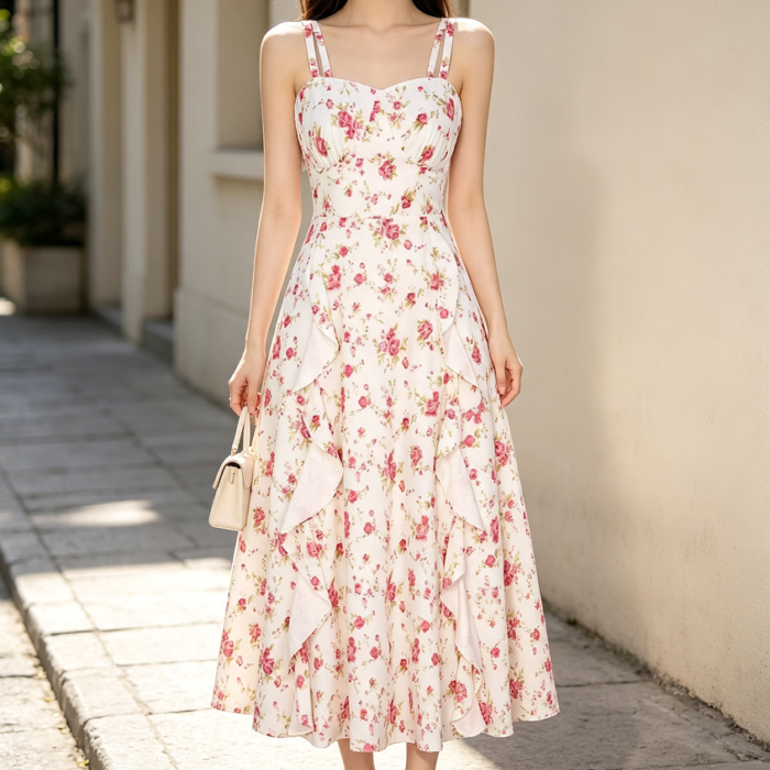 Women's Boho Spaghetti Strap Ruffle Midi Sun Dress