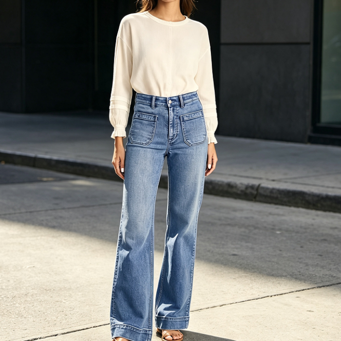 Stretchy High-Waisted Wide-Leg Jeans with Pocket