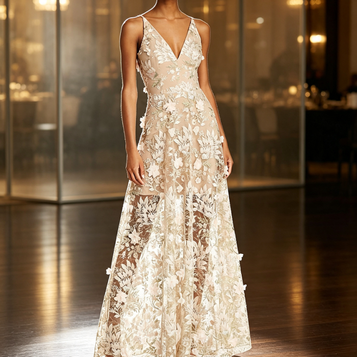 Women's Embellished Plunging Sleeveless Floral Long Dress