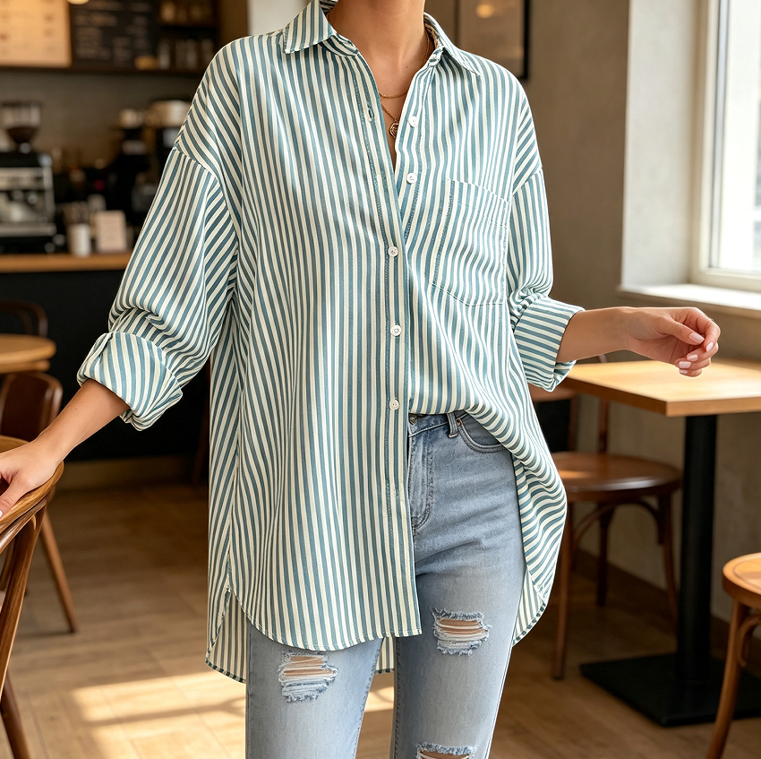 Women's Striped Long Sleeve Collared Loose Fit Office Blouse with Pocket - Image 2