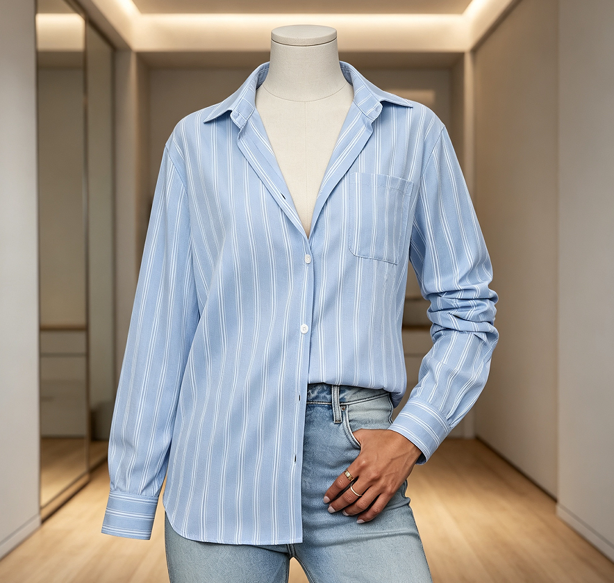 Women's Striped Cotton Long Sleeve Collared Office Button Down Shirt with Pocket - Image 2