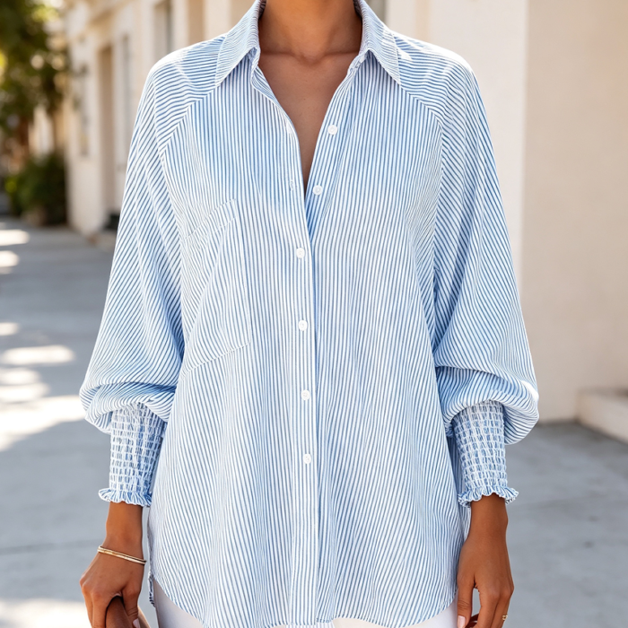 Women's Smocked Cuffed Striped Oversized Boyfriend Button Down Blouse with Pocket