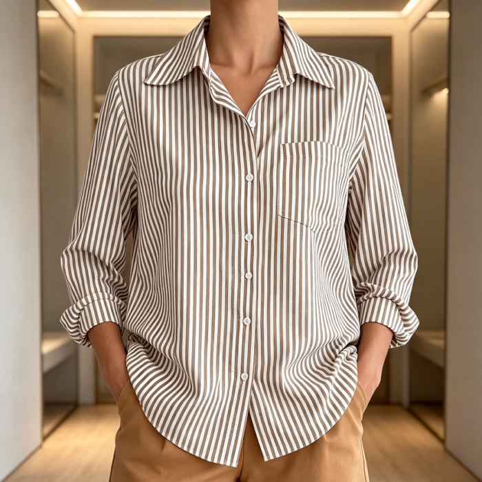 Women's Wrinkle Free Striped V Neck Collared Long Sleeve Office Work Shirt with Pocket