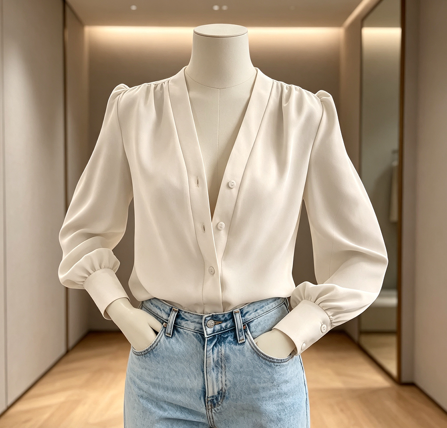 Women's V Neck Long Sleeve Chiffon Button Down Business Casual Blouse - Image 2