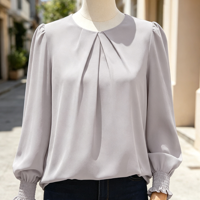 Women's Pleated Puff Sleeve Crewneck Keyhole Back Dressy Casual Top