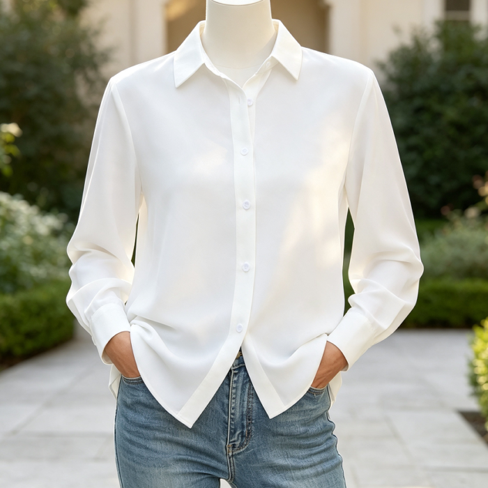 Women's Stain Resistant Classic Collared Long Sleeve Chiffon Button Down Blouse