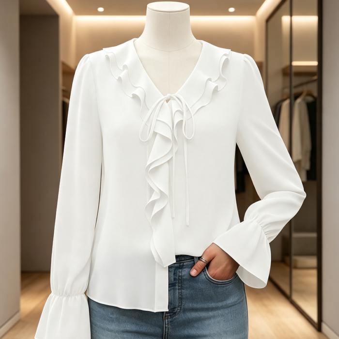 Women's V Neck Ruffle Long Sleeve Tunic Chiffon Blouse