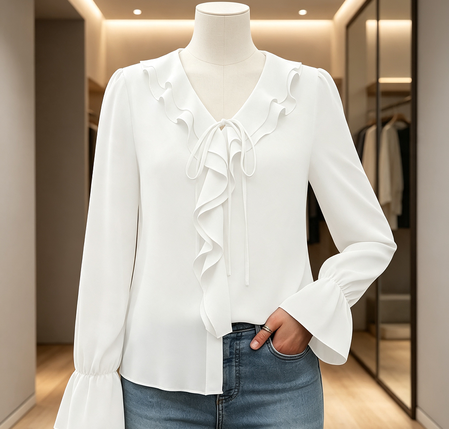Women's V Neck Ruffle Long Sleeve Tunic Chiffon Blouse
