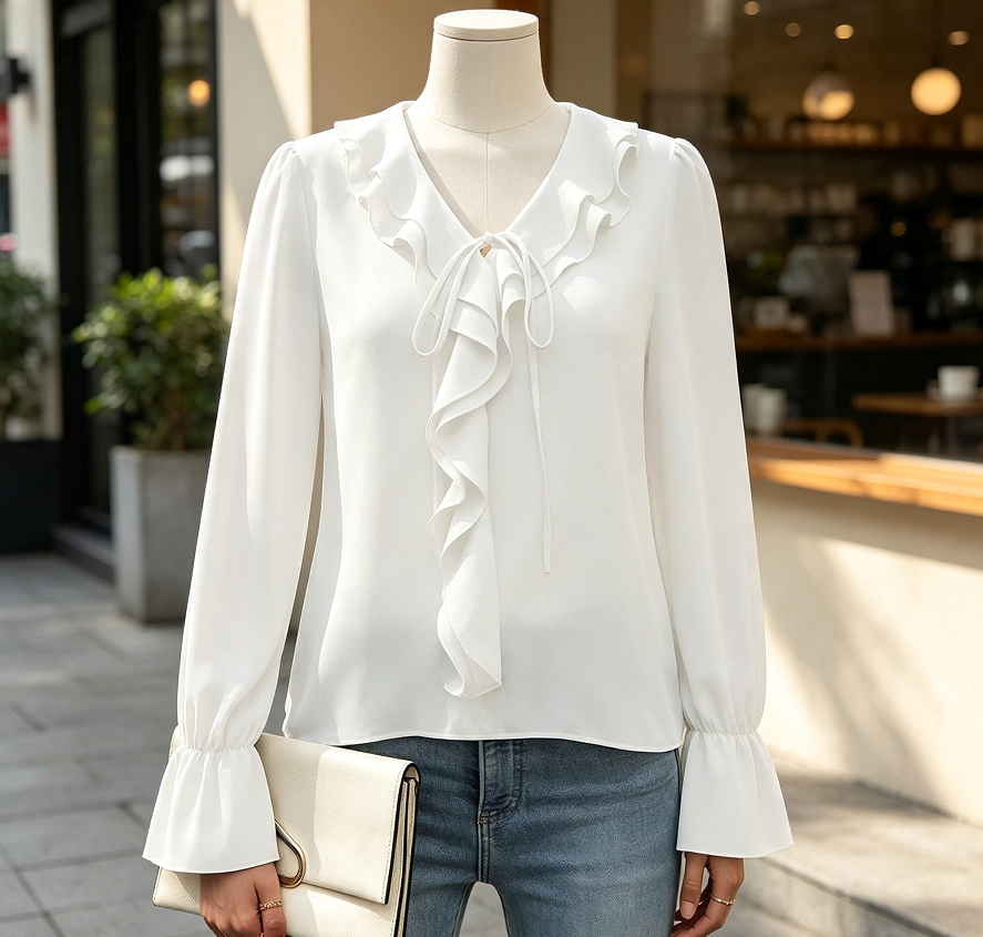 Women's V Neck Ruffle Long Sleeve Tunic Chiffon Blouse - Image 2