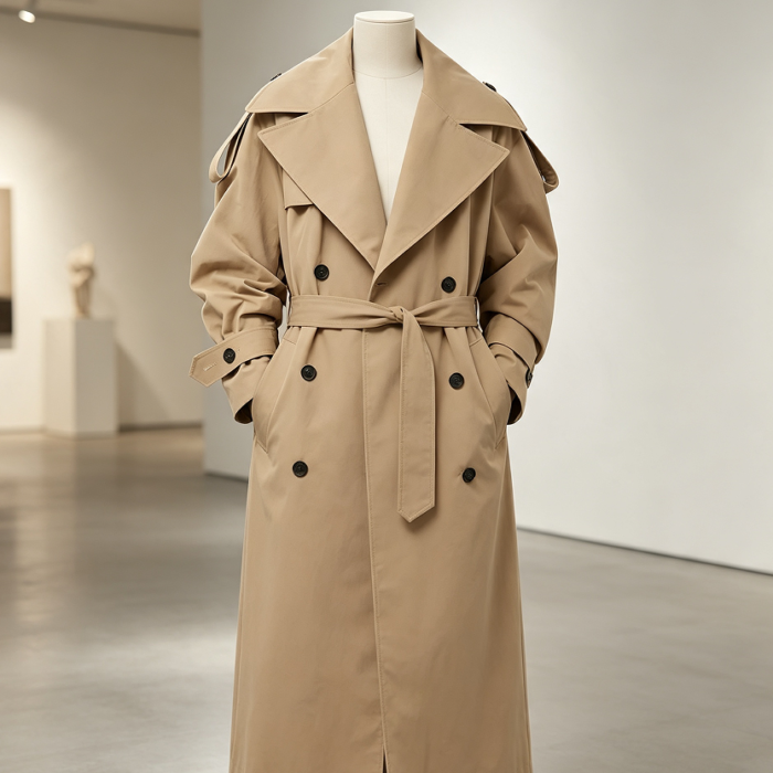 Oversized Double-Breasted Windproof Belted Trench Coat
