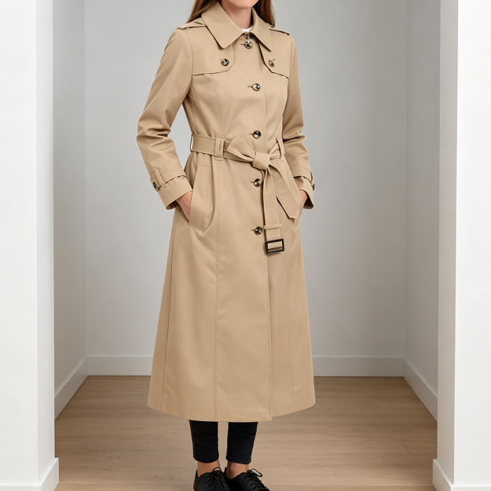 Single-Breasted Trench Coat with Epaulettes and Belt