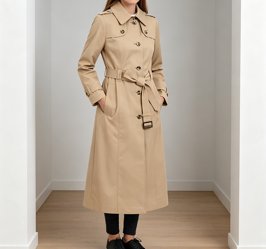 Single-Breasted Trench Coat with Epaulettes and Belt