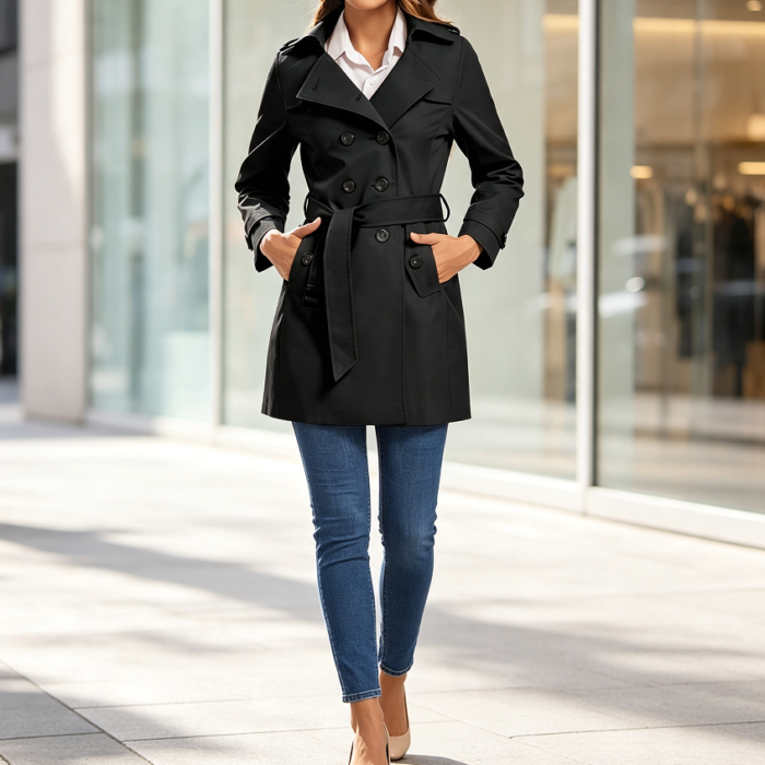 Double-Breasted Water-Resistant Belted Classic Trench Coat