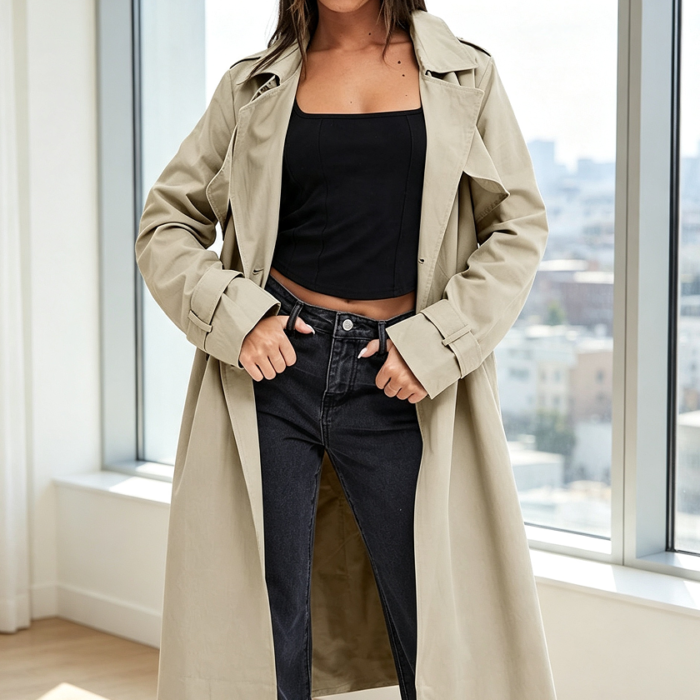 Double-Breasted Windproof Pocketed Belted Trench Coat