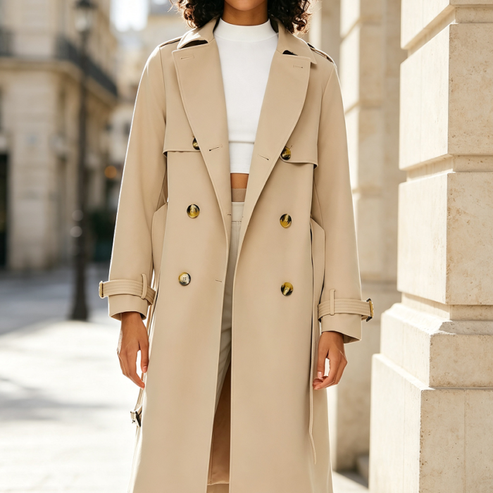 Double-Breasted 3/4-Length Trench Jacket with Belt