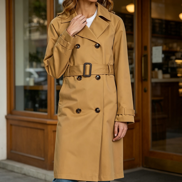 Double-Breasted Long Lapel Belted Trench Coat
