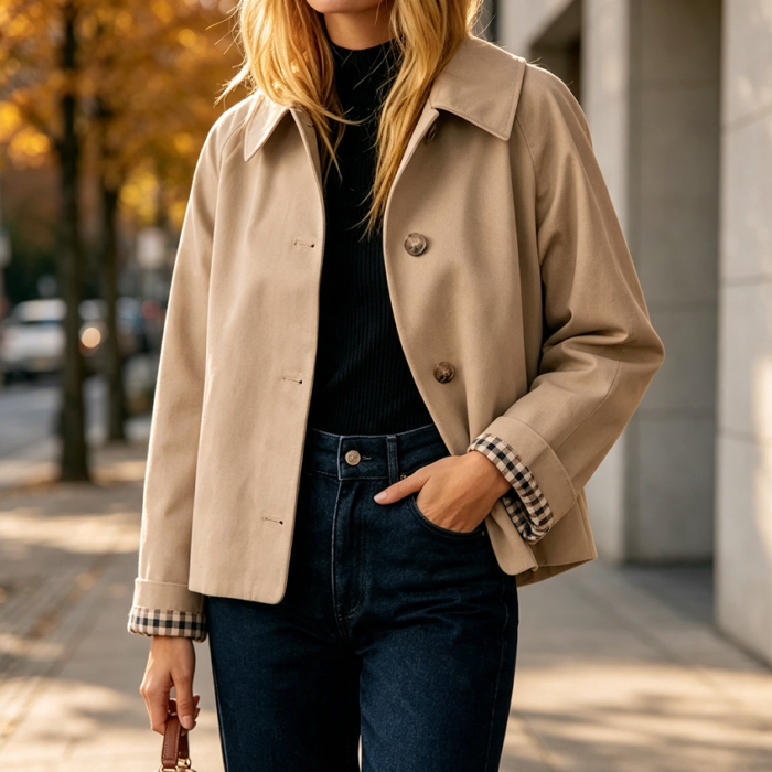 Pocketed Oversize Plaid-Lining Crop Trench Jacket