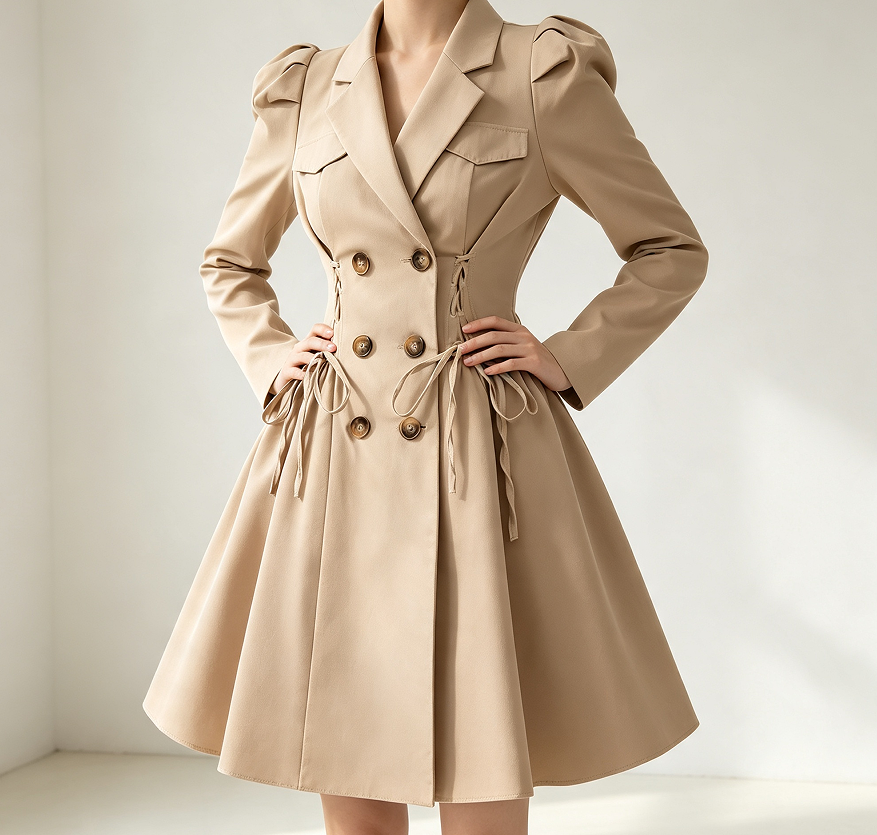 Double-Breasted Long Puff-Sleeve A-Line Trench Coat