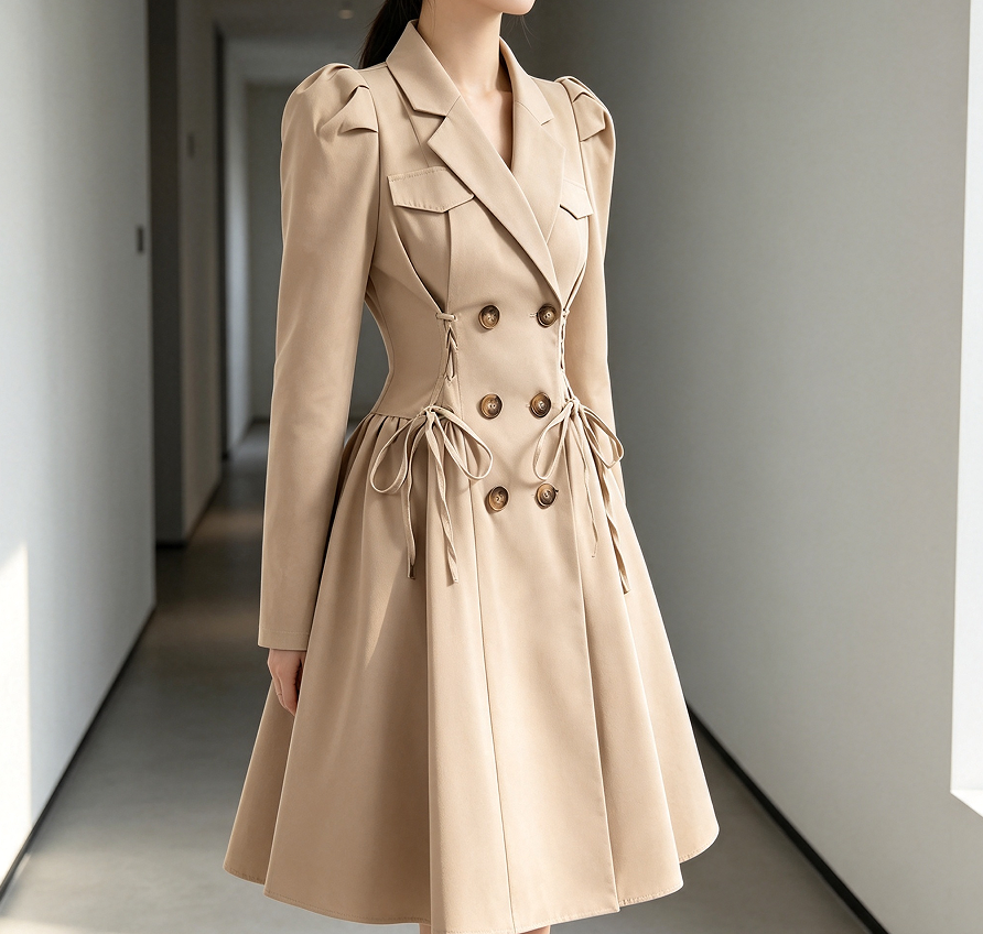 Double-Breasted Long Puff-Sleeve A-Line Trench Coat - Image 2