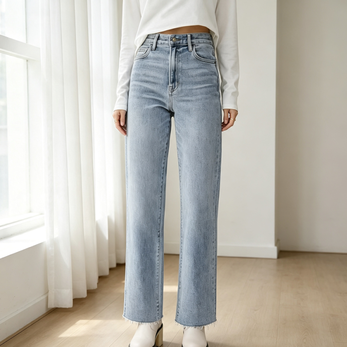 High-Waisted Frayed Cropped Baggy Straight Jeans