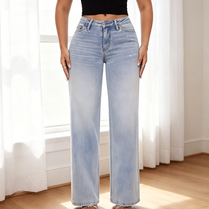 Mid-Low Wide-Leg Distressed Comfort Stretch Jeans