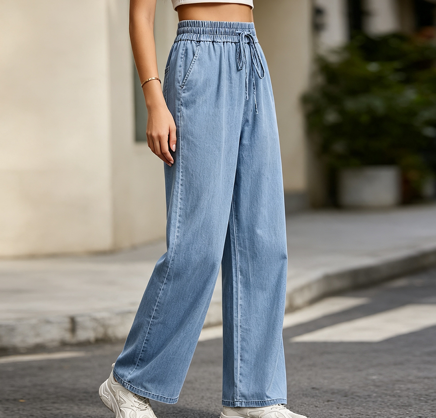 High-Waisted Elastic Pull-On Wide-Leg Denim Jeans - Image 2