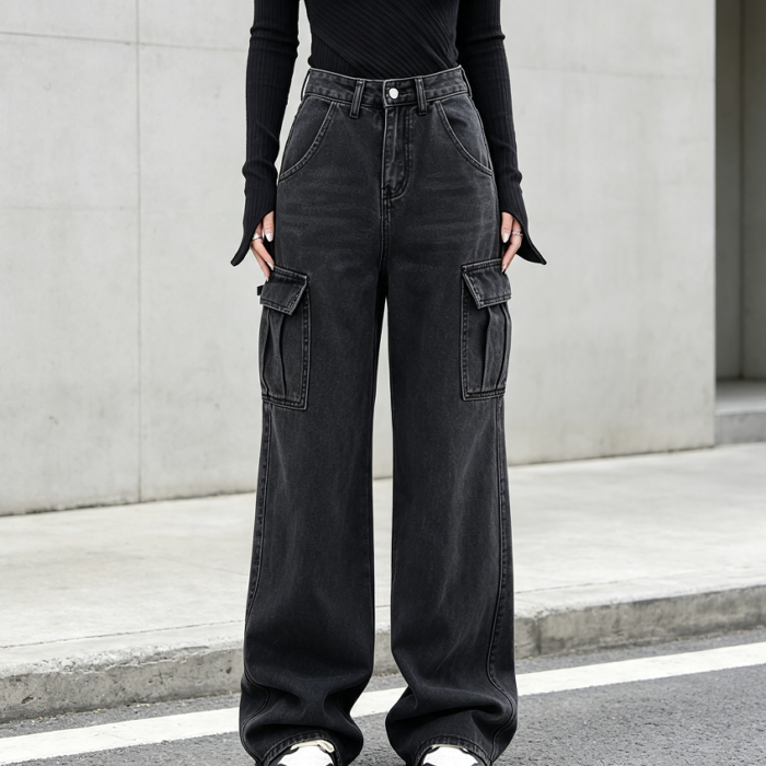 High-Waisted Baggy Cargo Straight Denim Trousers